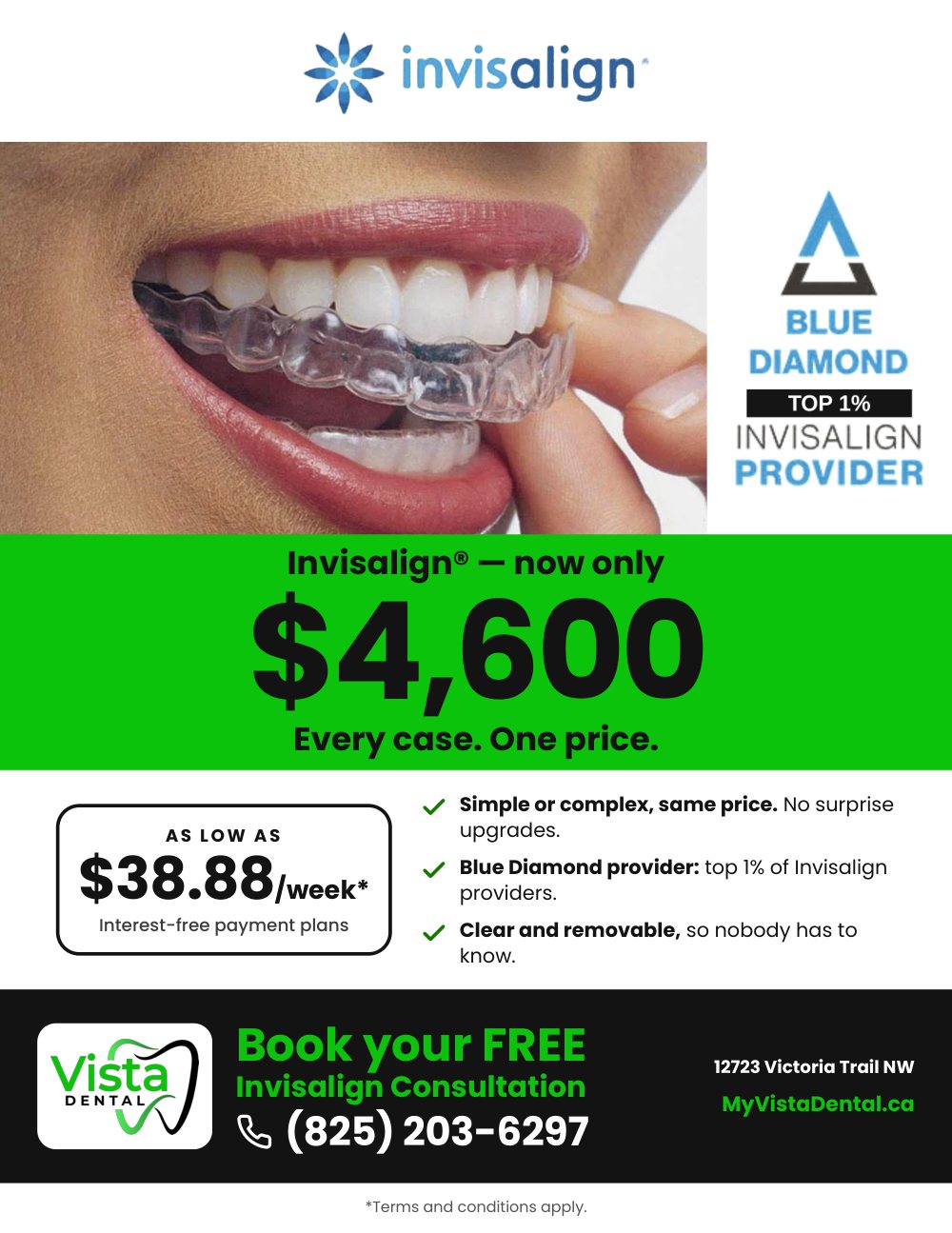 Invisalign now only $4,600 at Vista Dental. Every case, one price. As low as $38.88 per week with interest-free payment plans. Blue Diamond provider: top 1% of Invisalign providers. Simple or complex, same price. Clear and removable. Book a free Invisalign consultation at (825) 203-6297, 12723 Victoria Trail NW.